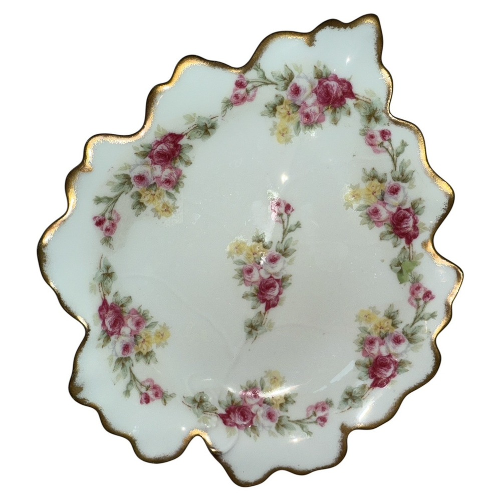 Elite Limoges France 1920 Antique Leaf Trinket Dish Plate Rose Pattern Gold Gild